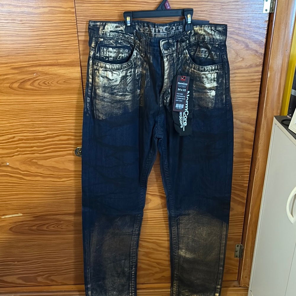 Black and Gold Skinny Jeans with Distressed Details